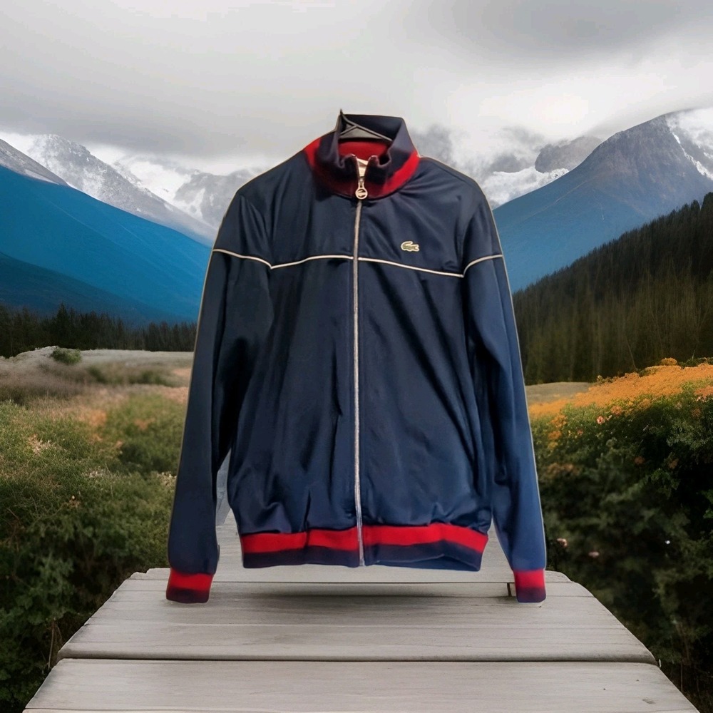 Lacoste Sport Track Jacket Mens M Navy Maroon‎ Full Zip Striped  Croc Logo